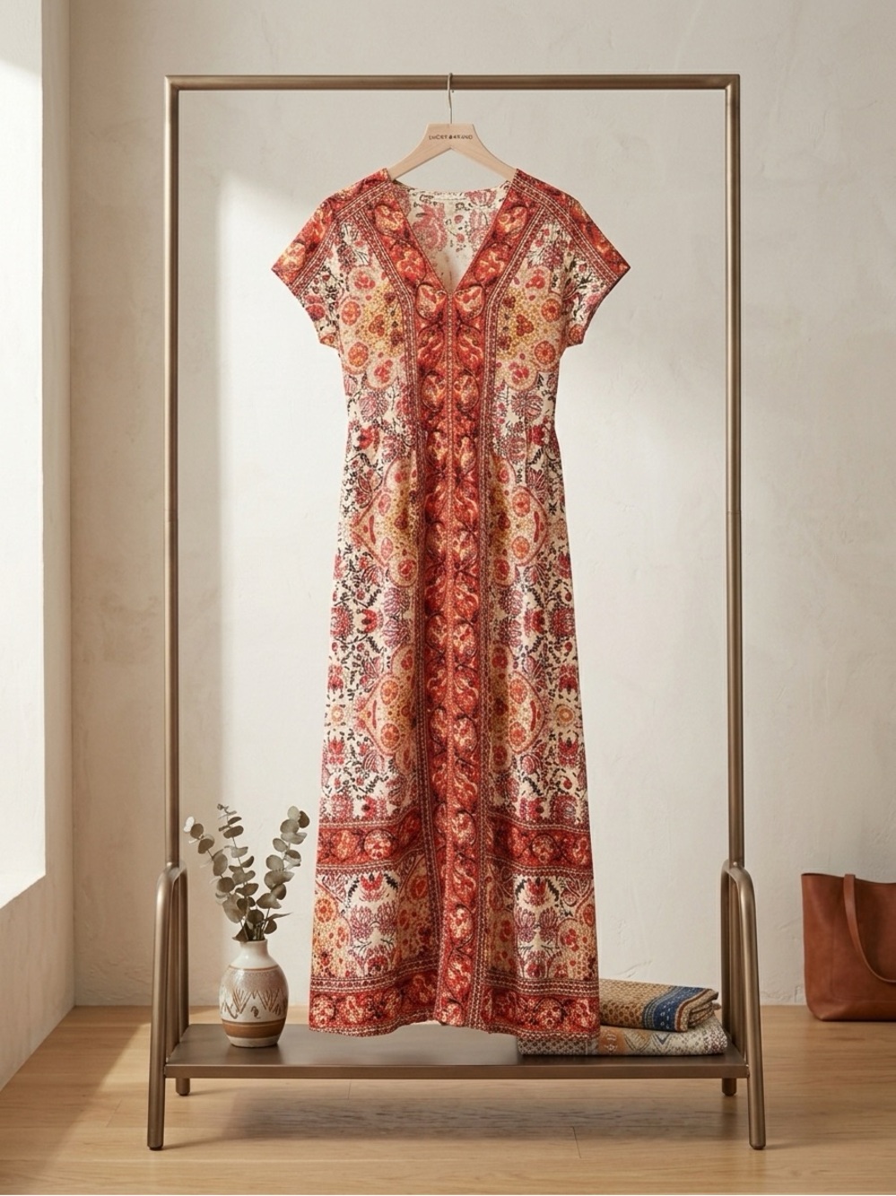 NWT Lucky Brand maxi dress S boho rust $129 festival short sleeve